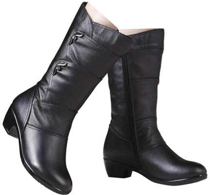 Women Warm Winter Snow Boots For Women， Ladies Fashion Casual Leather Round Toe Chunky Block Low Heels Warm Mid Calf Riding Boots With Fleece Lining Thermal Dress Short Boots