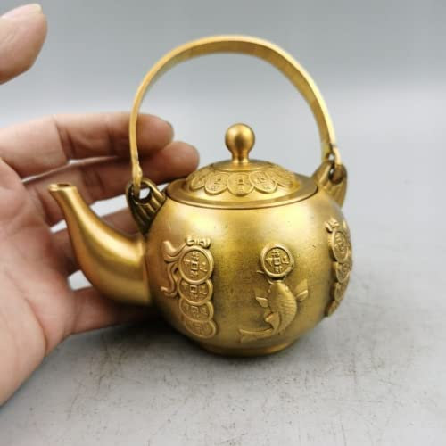 12cm Cina Antico Lucky Fortune Bollitore in Ottone Antico Teiera Ornamenti Set da tè