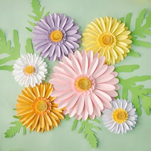 SUNBEAUTY Daisy Party Decorations, Paper Flowers, Flower Wall, Purple Yellow Flowers Wall Hanging, 1st Birthday Bridal Baby Shower Wedding Classroom Tea Party Daisy Décor 10 7 5 Pack of 12