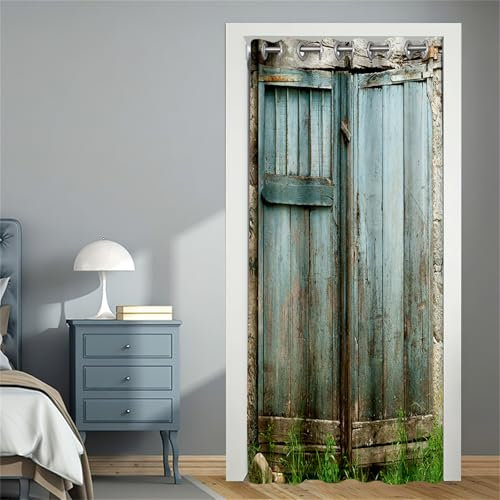 Mateju Door Curtains with Eyelet, Retro Wood Grain Single Front Door Curtain Privacy Blackout Room Divider Window Decor for Hallway Kitchen Patio Bedroom Closet Doorway (Blue,80x150cm)