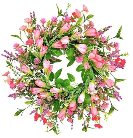 Frühlings- und Sommer-Tulpenkranz für die Haustür 45 cm künstlicher Blumenkranz mit Tulpen, Gänseblümchen, Lavendel und Eukalyptusblättern - grün-rosa hängende Türdekoration