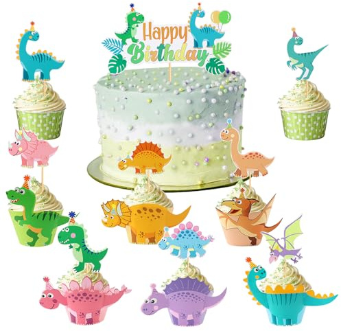 23 Stück Dino Cupcake Wrapper Set CHUNLINLAODA 6 Dino Muffinförmchen und 17 Dinosaurier Kuchendekoration für Kinder Party Jungen Mädchen Geburtstag Deko Muffin Backen Kuchenaufsätze (Grün)
