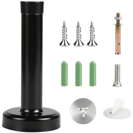 Wall Mounted Door Stop, Heavy Duty Stainless Steel Door Stops with Rubber Buffer, Door stoppers for skirtings, Doorstop with Screws and Adhesive Tape, Protect Doors and Walls(Black 1 pcs)
