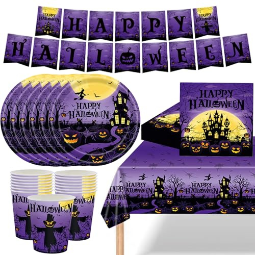 MOMAHUA 68 Stück Lila Halloween Geschirr für 16 Personen, Hallow Partygeschirr Set Inklusive Pappteller, Pappbecher, Servietten, Tischdecke, Happy Halloween Girlande für Grusel Party Dekoration