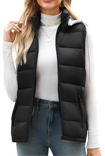 Tuopuda Chaleco Acolchado Mujer Invierno con Capucha Chaleco de Plumas Chaquetas sin Mangas Chaleco con Bolsillos(Negro,L)