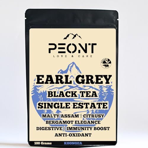 Peont Assam Earl Grey Single Estate Black Tea, 100g, Citrusy Malty with Italian Bergamot Oil with Digestive, Immune-boosting & Mood-lifting.