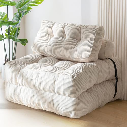 MAXYOYO Folding Sofa Bed, Convertible Sleeper Chair with Pillow Foldable Mattress with Back Support, Portable Fold Out Chair Bed Comfy Floor Sofa Lounge for Living Room Bedroom, Beige