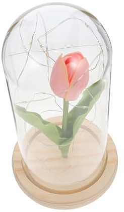 CONGARTENO Luminous Tulip Ornament with Glass Cover and Wood Base, Glowing LED Artificial Tulip Light for Indoor Desktop Decorative Use, Non-Fading Pink Flower Accent