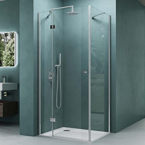 Mai & Mai Duschkabine Eckeinstieg 80x80x190cm mit Drehtür | Eckdusche Duschabtrennung in Klarglas, 6mm ESG-Sicherheitsglas, mit 2 Stabilisationsstangen Ravenna05K
