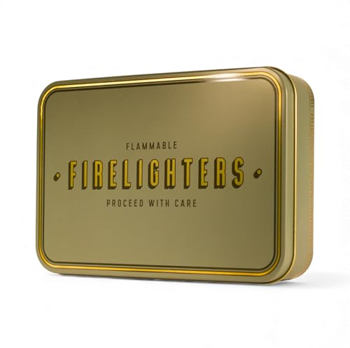 TINIT Firelighter Tin - Storage Accessory Metal Tin Natural Woodburner Fire Stove Fireplace Fireside Mens Gift Present BBQ Match Homewarming Present Kitchen Christmas | Firelighters (Gold on Green)