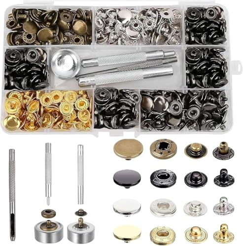 yolzhxe 320 Piezas Corchetes de Presion Metalicos, 12.5mm Botones de Presion con 4 Colores, Kit de Broches a Presión con 4 Herramienta de Fijación, Adecuado para Trabajos en Cuero, Chaquetas
