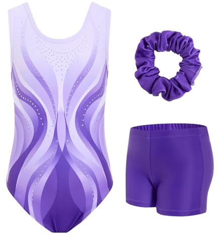 JiAmy Gymnastik trikåer för flickor glittrande balettdans kläder med shorts scrunchie 3-delat set 3-12 år