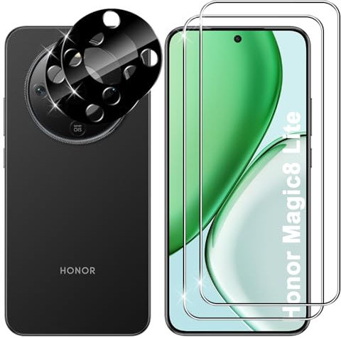 Lutree para Honor Magic 8 Lite 5G Cristal Templado, 2+2 Piezas Protector de Pantalla+ Protector de Lente de Cámara (Negro), Dureza 9H HD Anti-Arañazos Vidrio Templado Película Protectora