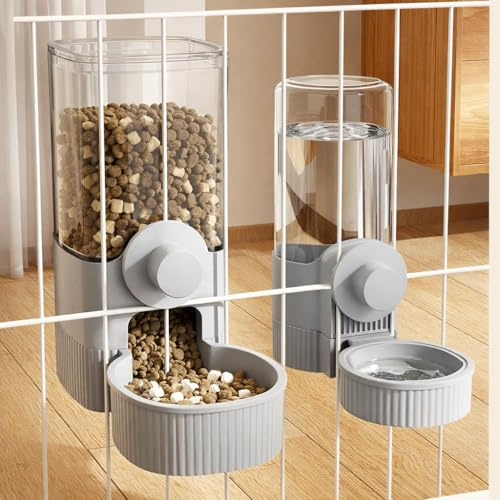Hanging Automatic Food and Water Dispenser, Gravity Rabbit Feeder Set, Cage Cat Food Bowl Dog Feeding Station for Puppy and Kitten Rabbit Chinchilla Hedgehog Ferret (For Cage Grid Over 1.2”)