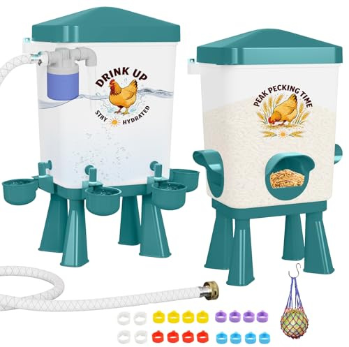 Automatischer Futterautomat Hühner 12KG & Hühnertränke 11.4L mit Schwimmerventil, Geflügeltränke, 4 Näpfe, 3 Anschlüsse, Wassertränke Futterspender Hühner, Zubehör für Stall, Tauben, Wachteln (Blau)