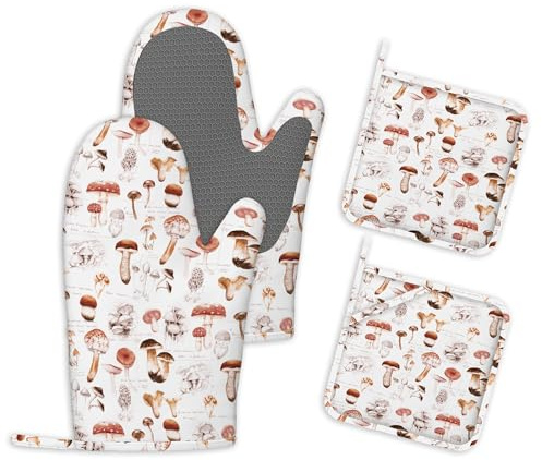 Retro Pilz Ofenhandschuhe und Topflappen Set 4 Küchenhandschuhe Hitzebeständig Topfhandschuhe Silikon Kochhandschuhe Backofen Handschuhe zum Backen Kochen und Grillen