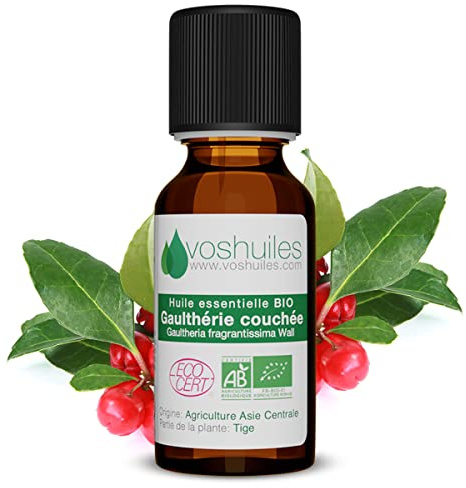Voshuiles - Huile Essentielle Gaulthérie Couchée Bio 20ml - Parfum Stimulant et Aromatique - Massage - Huiles Essentielles de Qualité - 100% Pure et Naturelle - HEBBD et Certifiée ECOCERT
