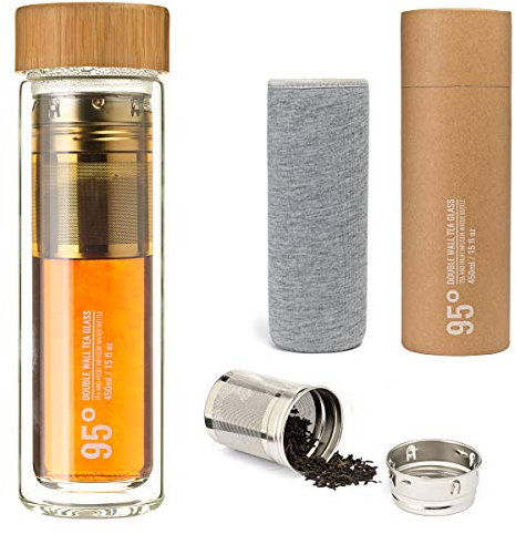 95 Grad doppelwandige Thermosflasche Teeflasche mit Teebereiter Sieb 450 ml Trinkflasche to go mit Schutzhülle