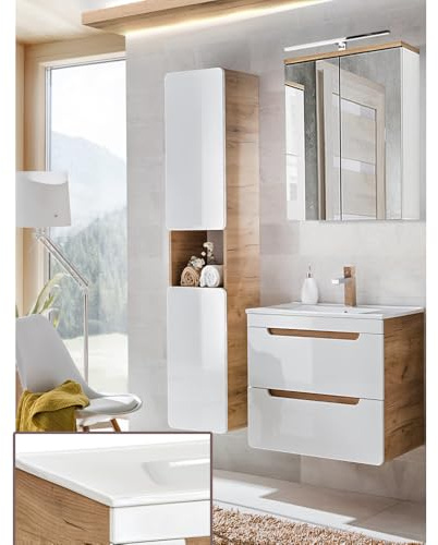 Lomadox Badmöbel Komplettset, Hochglanz weiß mit Wotan Eiche Nb., 61 cm Keramik-Waschtisch & LED-Spiegelschrank & 2 Hochschränke