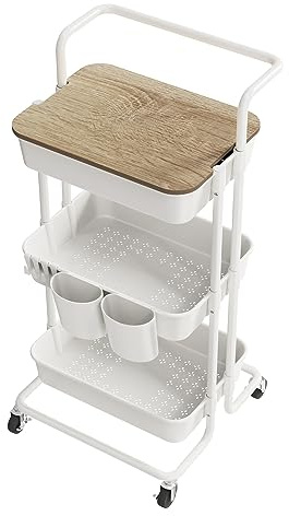 DTK 3 Tier Rolling Utility Cart with Cover Top Board, Movable Kitchen Storage Cart Trolley with Lockable Wheels, Cups, Hooks for Kitchen Bathroom Home Office Art Craft Storage and Organization(White)