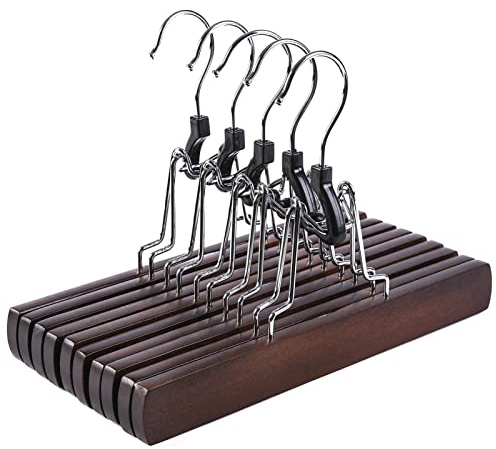 Amber Home Wooden Pants Clip Hangers 10 Pack, Skirt Hangers with Non Slip Padded Velvet, Smooth Finish Solid Wood Jeans/Slack Hanger，Clamp Hangers in Antique Color