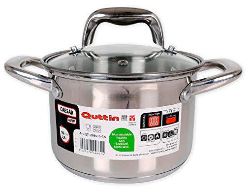 Quttin New Caesar - Olla Profesional Induccion, Cocina y Horno, Carerola Pequeña, Acero Inoxidable Antiadherente, Tapa Cristal y Asas, 16 cm/2 L