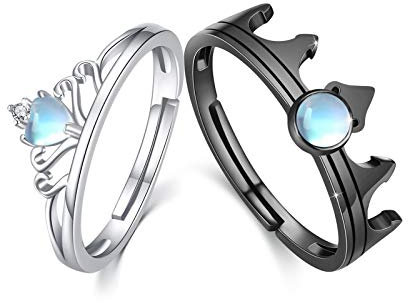 Couple Bague Amoureux 2 Pieces en Argent 925 Couronne de Pierre de Lune pour Femmes et Homme, Réglable Ouvert avec Boîte Cadeau pour Anniversaire, Fiançailles, Promesse