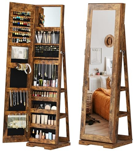 SDHYL Armario de almacenamiento de joyas de pie con espejo, giratorio 360°, organizador de joyas para colgar, espejo de cuerpo entero, cajas de joyas de madera y organizador (marrón rústico)