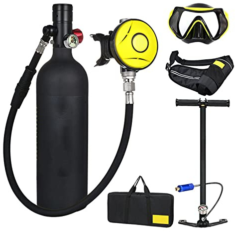 Scuba Tauchflasche mit Schnorchelmaske&Pumpe, 1L Mini-tauch sauerstoffflasche mit 10-20 Minuten Kapazität, Druck- und korrosionsbeständigem Material mit nachfüllbarem Design, für Reisen und Tauchen