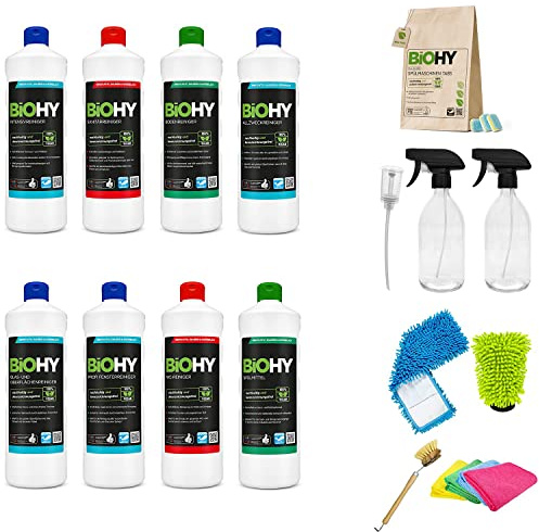 Juego completo de limpieza BiOHY + accesorios (8 x 1 L) | dispensador pestañas todo en uno, 2 botellas de vidrio spray de 500 ml, mopa de 40 cm, guante de microfibra, cepillo, 4 paños de microfibra
