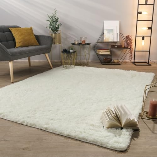 TT Home Teppich Wohnzimmer Hochflor Langflor Weich Soft Modernes Einfarbiges Design, Farbe:Weiß, Größe:120 cm Rund