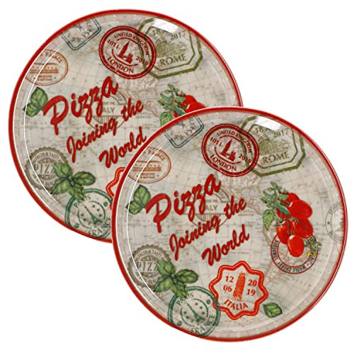 MamboCat 2er Set Pizzateller Rom rot Ø 31,5 cm I Servier Platten mit Motiven I Vorspeisenplatten zum Anrichten für Antipasti oder Tomate-Mozzarella I Bunte Porzellanteller für Pizza Pasta & Co