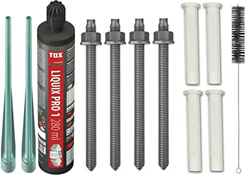 Schwerlastbefestigung SET M12x200mm EDELSTAHL A4 - TOX Verbundmörtel Liquix Pro 1 + 4 Gewindestangen + 4 Siebhülsen 20x85mm + Zylinderbürste/Klebeanker Ankerstangen