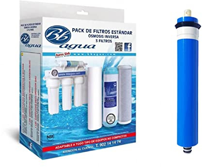 Membrana 50, 75 y 100 GPD + Pack de 3 filtros para Osmosis Inversa Estandar. 1 Filtro de Sedimentos, 1 Filtro de Carbón GAC y 1 Filtro de Carbón Block. Bbagua.
