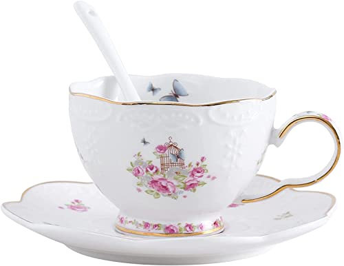 EdirFtra Porzellan Tassen und Teller Set für Tee, Kaffee und Kochen - Rosa Rosen (180ml)