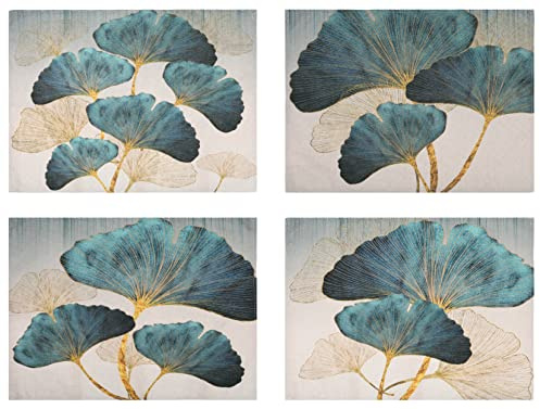 Tischsets Café Esstisch Platzsets Farmhouse Petrol Gold Ginkgo Biloba Muster Waschbare Platzset Esszimmer Leinen Türkis Platzmatten Tischdekorations Platzdeckchen 45x32cm