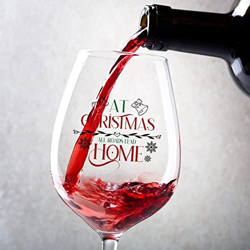 Copas de vino tinto en Navidad, All Roads Lead Home, juego de 2 copas de vino personalizadas para mujeres y hombres en cumpleaños, Navidad y ocasiones especiales, copas de 11 onzas