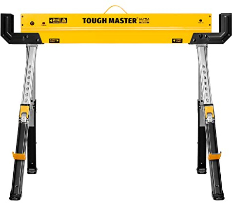 TOUGH MASTER Saw Horse 9-Position Height Adjustable Heavy Duty Steel Workbench 62-82cm Supports up to 590 kg Folding Saw Anti-Slip Top & Handle Sawhorse for Contractors, Carpenters, DIY (1)