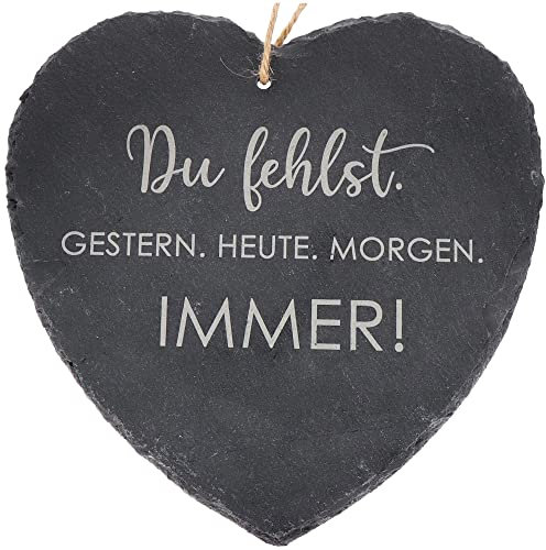 Spruchreif | Großes Schieferherz Du fehlst... (20 x 20 cm) mit graviertem Spruch | Grabdeko | Wetterfest