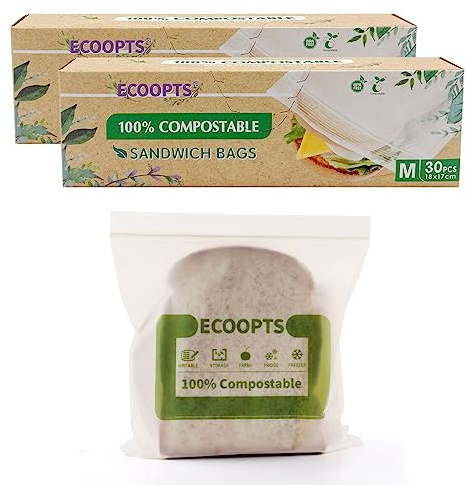 Bolsa con cremallera para sándwich 100 % compostable, bolsas de almacenamiento de alimentos ecológicas, bolsa para congelador, a base de plantas, sin BPA, sella bien para frutas, alimentos y