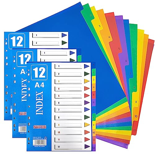 Trennblätter für Ordner A4, 12 Teil Register für Ordner A4 Trennstreifen für Ordner A4 Aktenordner Trennblätter A4 Trenner für Ordner mit Multi Loch Gestanzt für Home School/Professional Use (3-Pack)