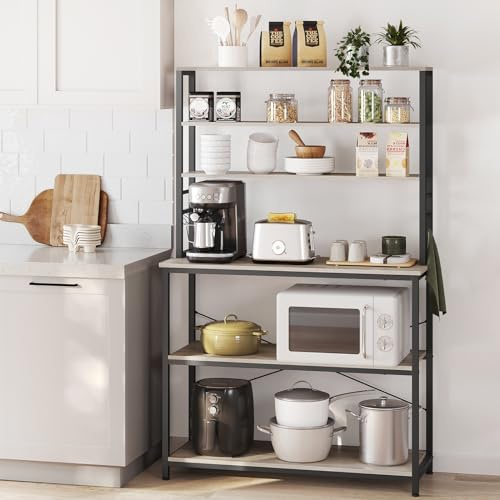 VASAGLE Kitchen Storage Rack, Coffee Bar, Baker's Rack, Total 6 Shelves and 6 Hooks, for Microwave, Steel Frame, Industrial, 40 x 100 x 167 cm, Heather Greige and Ink Black KKS039K02