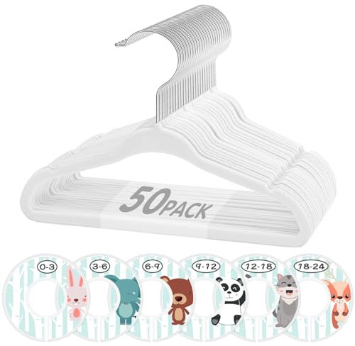 VIS'V Baby-Kleiderbügel, 27,9 cm, weißer Samt, Kinder-Kleiderbügel mit 6 Trennwänden, rutschfest, für Kinderzimmer, Kleinkinder, Mädchen und Jungen, 50 Stück