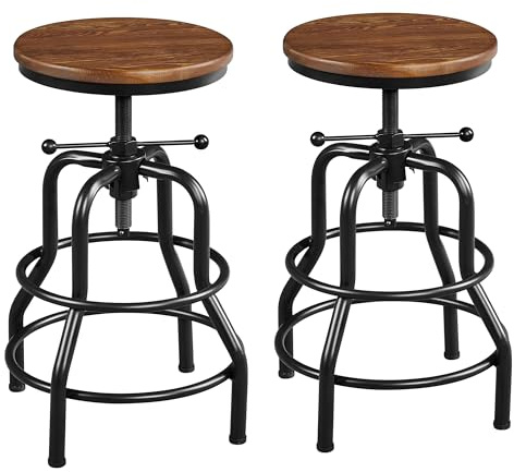 Yaheetech 2PCS Vintage Adjustable Bar Stools w/Round Wooden Top, Brown | 51-68cm Height Adjustable Metal Kitchen Chairs, with Footrest, Pre-Assembled Barstool, for Restaurant, Home Bar, Cafe