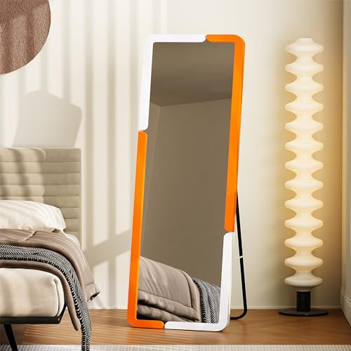 Lvifur Standspiegel Groß Holz, 160 x 40 cm Groß Ganzkörperspiegel Modern für Badezimmer Schlafzimmer Wohnzimmer Ankleidezimmer Party (Weiß Orange Quadrat)