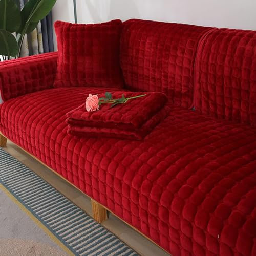 FEEGAR Sofabezug 1 2 3 4 Sitzer, Dicker Plüsch Sofa Sitzkissen, Sofaschoner Sofadecke rutschfest, Sofadecken für Sitzfläche, Sofabezug, Couch überzug, Hund Katze überwurf Hundedecke,Rot,90x210cm