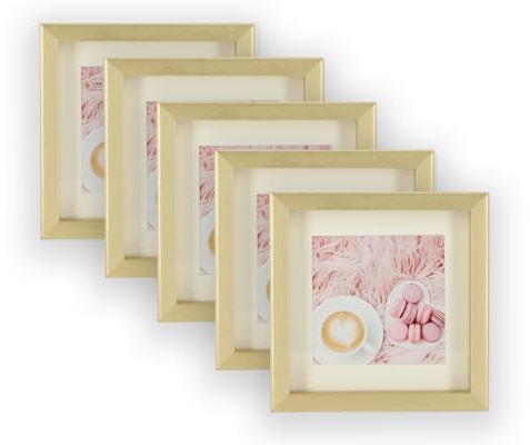 Wackadoo 5er Set Holz Bilderrahmen Set, FSC® Holzrahmen Gold Fotowand Bilderrahmen klein Fotogalerie Wandcollage Fotorahmen mit Glasscheibe mit Passepartout (10x10 cm)