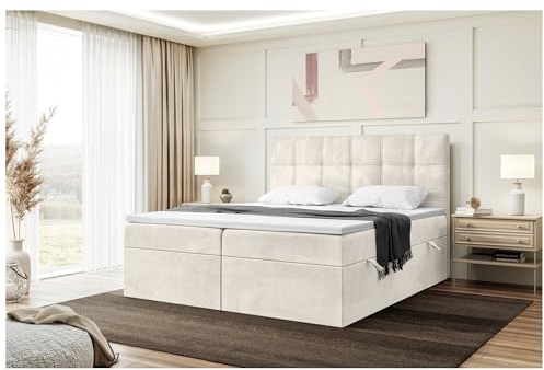 MEBLINI Boxspringbett mit Bettkasten - 200x220 - H3/Creme Samt - Kai - Gepolstert Doppelbett mit Matratze und Topper - Polsterbett mit Stauraum - Bett mit Kopfteil - Stauraumbett