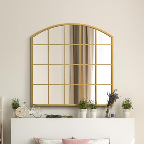 MirrorOutlet The Arcus - Espejo Inclinado para Ventana arqueado con Marco Dorado de 100 x 100 cm, Adecuado para Interiores y Exteriores