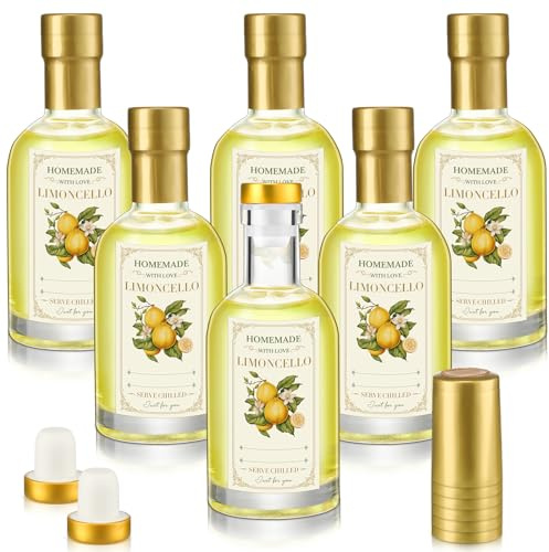 Funnymoom 6 Set 6.8 oz Limoncello Glass Bottles Gift with Airtight Lid Cap Homemade Limoncello Bottles with Labels Cork Stopper for Home Brewing Beer Beverage Liqueur Wedding Baby Shower